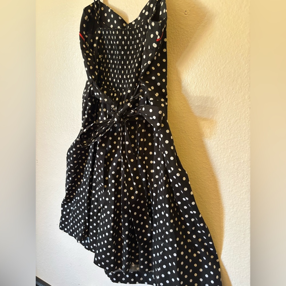 Cute Pinup Rockabilly Black and White Polka Dot A Line Dress with Red Trim - Picture 9 of 16